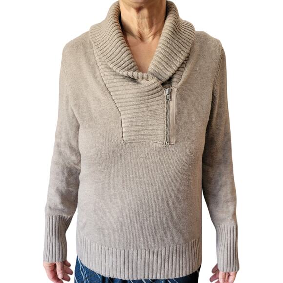 GAP Women’s Tan Wool Blend Sweater Large Neutral Crossover Quarter Zip Old Money - Picture 1 of 9